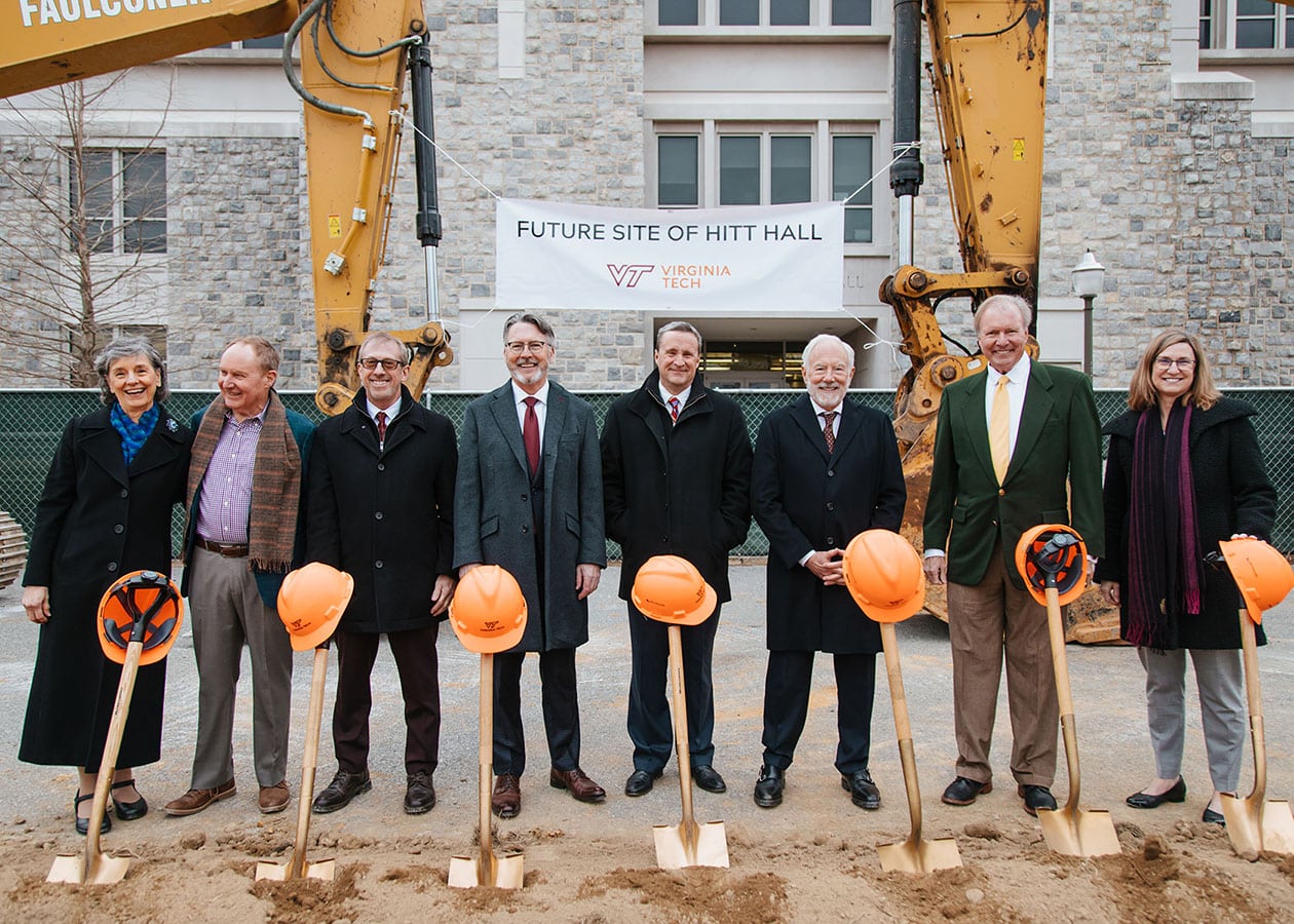 February 2, 2022 – Groundbreaking event for the new Hitt Hall building on Virginia Tech’s campus. From left to right: Rosemary Blieszner, Preston M. White, Brian Kleiner, President Tim Sands, Brett Hitt, A. Ross Myers, John R. Lawson II, Julia Ross. (Photo by Christina Franusich/Virginia Tech)